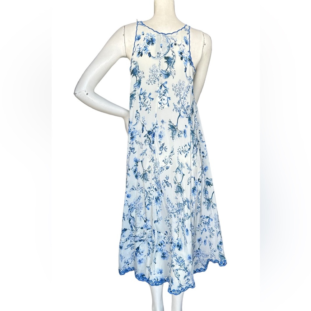 Johnny Was "Avalon Slip Dress" Blue & White Floral 100% Silk MIDI Dress XXS - Picture 8 of 14